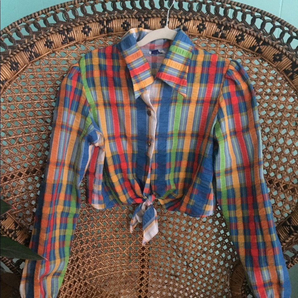 VINTAGE 70’s Rainbow Plaid Peter Pan Collar Crop